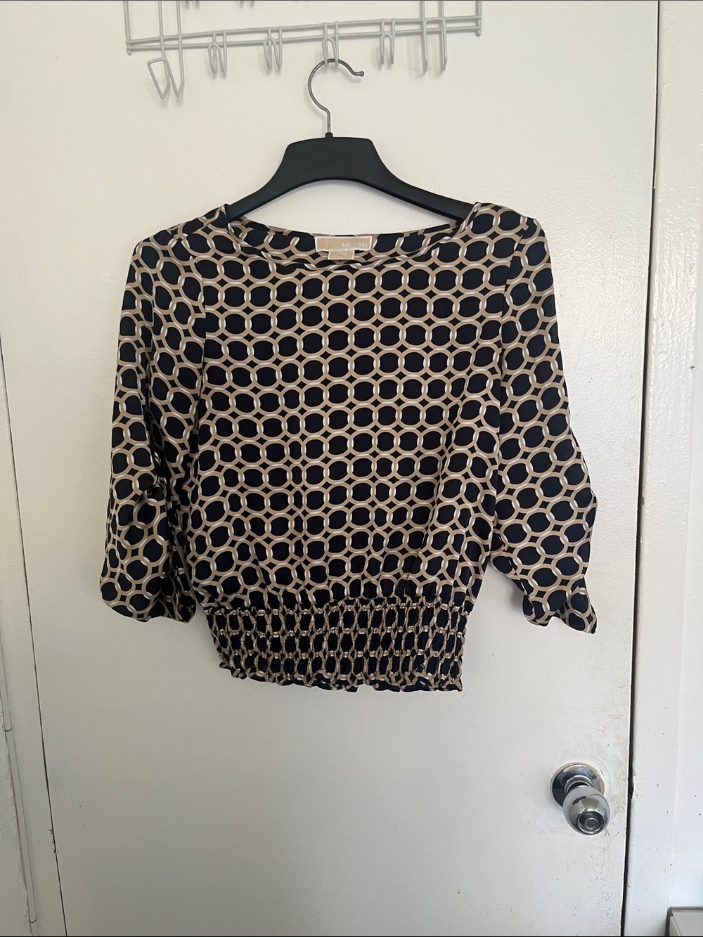 MICHAEL Michael Kors Black & Cream Geometric Smocked-Hem Blouse